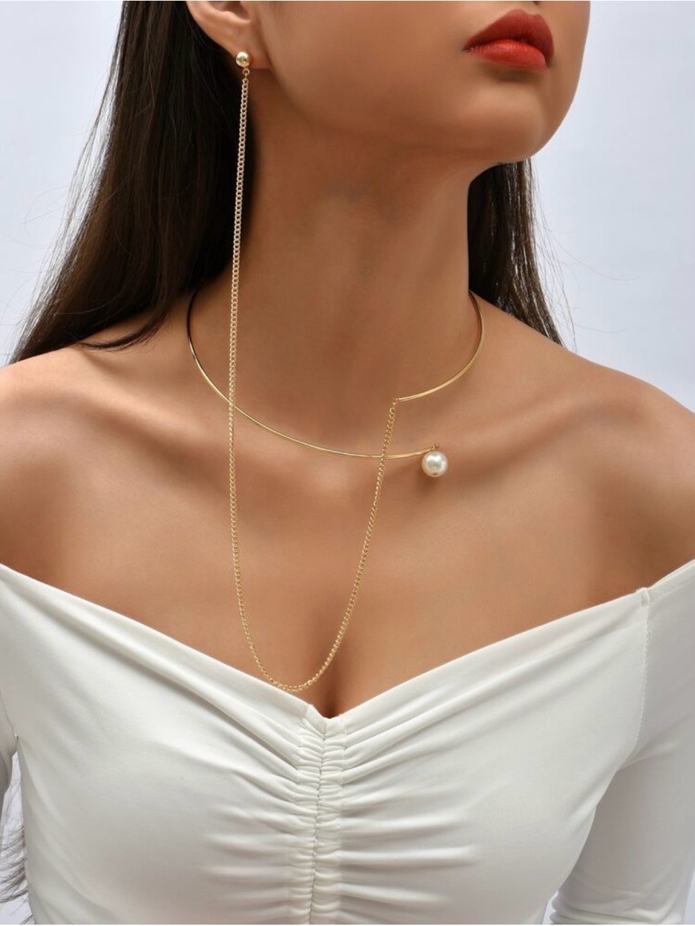 Gold Pearl Drop Layered Choker Necklace